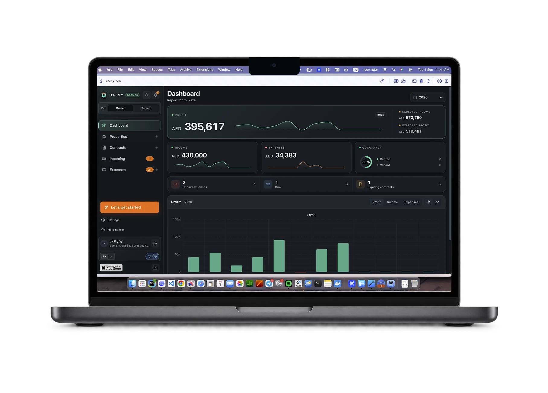 UAESY dashboard displayed on a MacBook Pro 14-inch